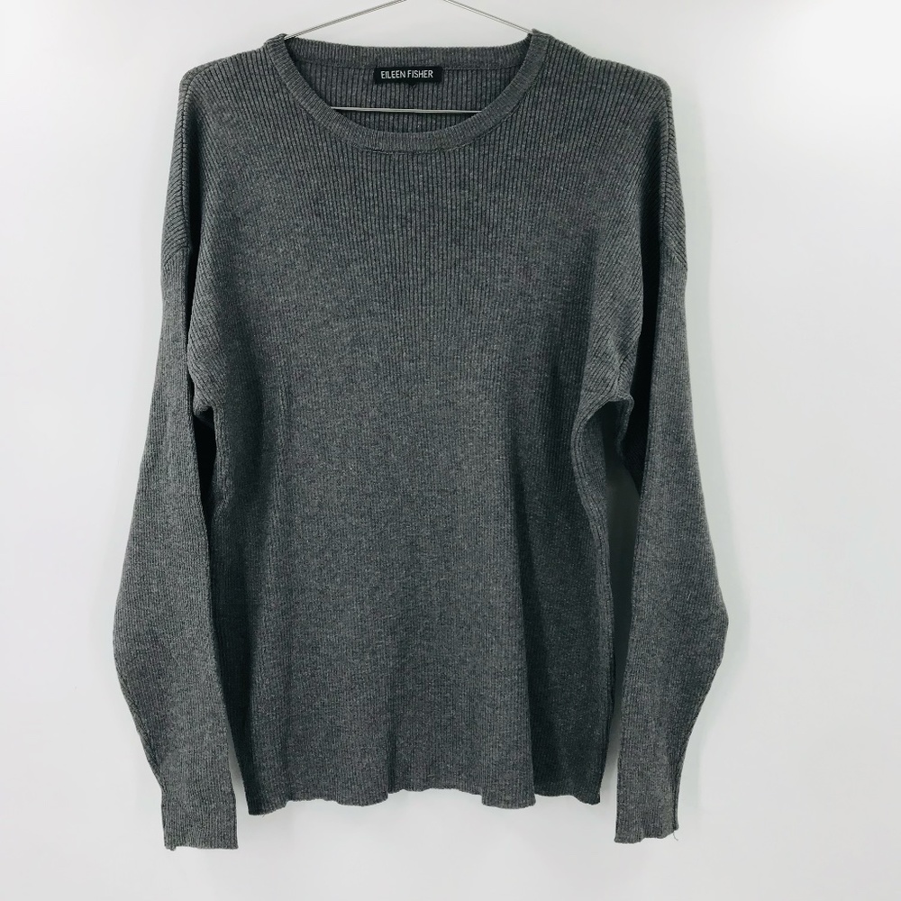 Eileen Fisher Gray Ribbed Knit Crewneck Sweater Size M